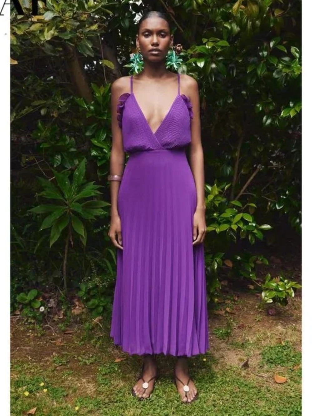 Zara long purple pleated sleeveless backless dress with ruffles, Medium